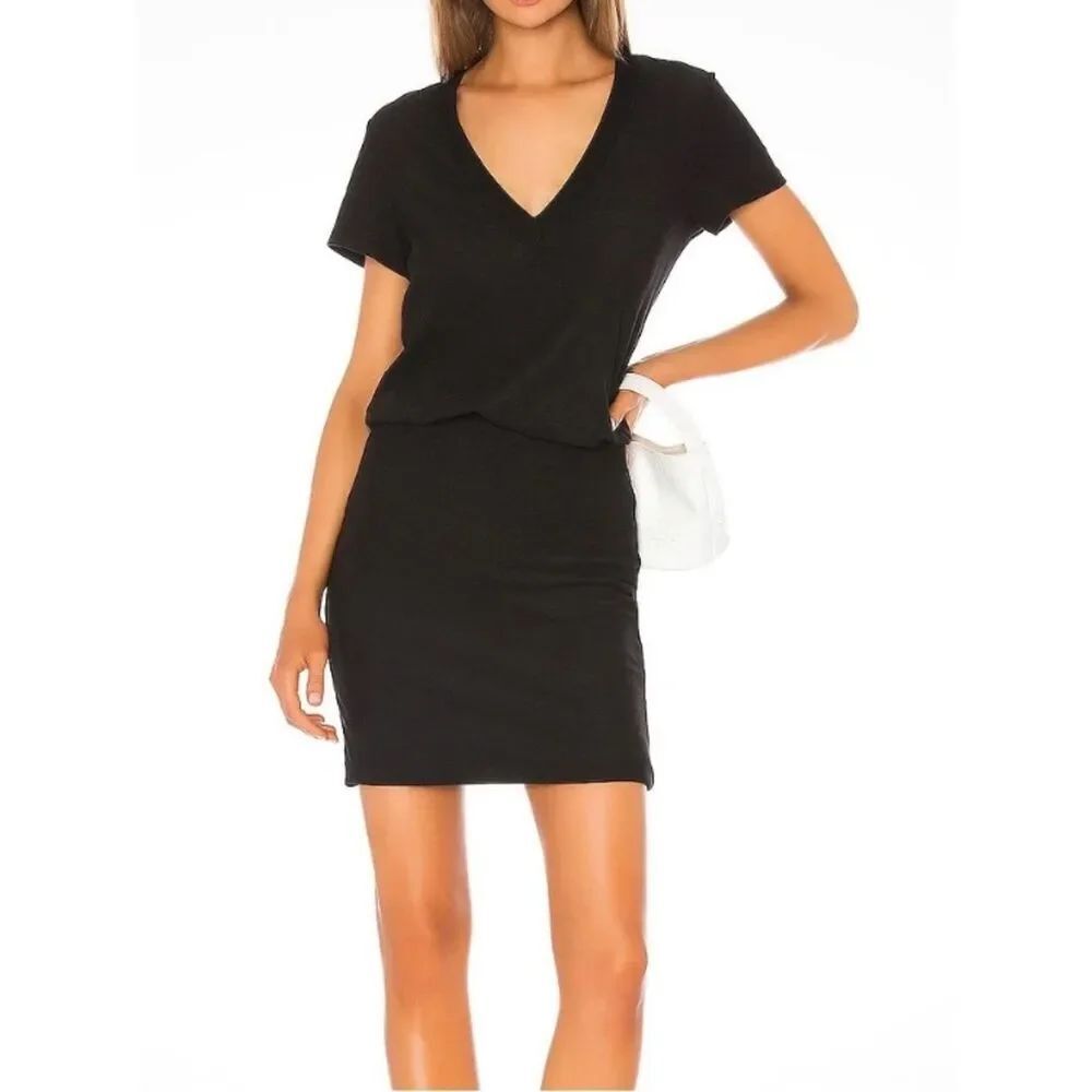 James Perse WJEH6.471 V Neck Short Sleeve Blouson t Shirt Dress, Black, Size 3